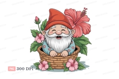Cheerful gnome surrounded by hibiscus flowers basket Product Image 1