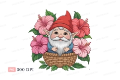 Gnome in basket with pink hibiscus flowers image Product Image 1