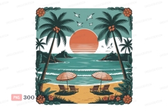 Tropical beach sunset with palm trees and umbrellas Product Image 1