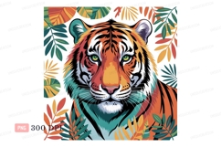 Fierce tiger face surrounded by colorful foliage feline Product Image 1