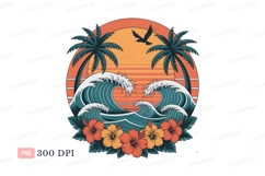 Tropical ocean sunset with palm trees and hibiscus flowers Product Image 1
