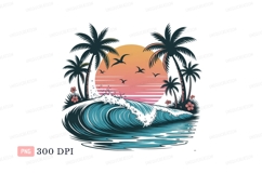 Tropical sunset wave palm trees flying birds ocean Product Image 1