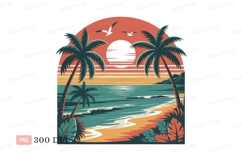 Tropical beach sunset with palm trees and birds ocean Product Image 1