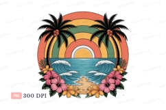 Tropical beach sunset with palm trees and hibiscus flowers Product Image 1