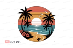 Tropical sunset beach scene with palm trees and flowers Product Image 1