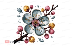 Blue flower with pink and yellow berries bloom petal Product Image 1
