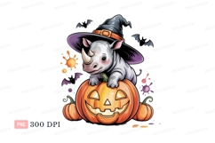 Baby rhinoceros witch on pumpkin image Product Image 1