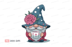 Gnome holding pink floral teacup wizard stars Product Image 1