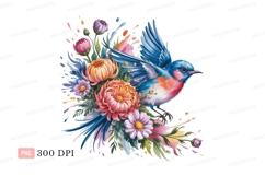 Blue bird with colorful flowers orange pink Product Image 1