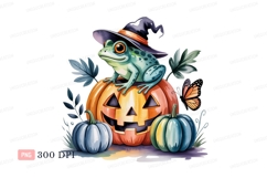 Frog witch on pumpkin with butterfly jackolantern Product Image 1