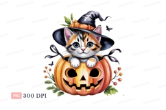 Cute kitten witch in pumpkin image Product Image 1
