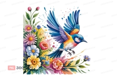 Colorful bird flying among vibrant flowers image Product Image 1