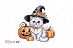 Fluffy white cat witch with pumpkins kitten blue Product Image 1