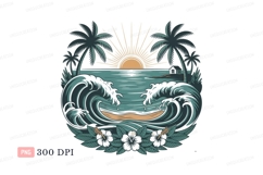 Tropical sunset ocean waves palm trees beach Product Image 1