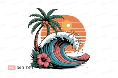 Palm tree wave hibiscus sunset coconuts ocean Product Image 1