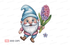 Cheerful gnome holding pink and purple hyacinths flowers Product Image 1