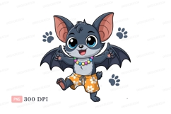 Cute bat wearing colorful necklace and floral shorts Product Image 1
