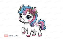 Cute unicorn with flowers and colorful mane fantasy Product Image 1