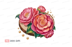 Pink coral camellia blooms wood slice green leaves Product Image 1