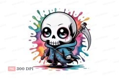 Cute skeleton reaper with colorful paint splashes kawaii Product Image 1
