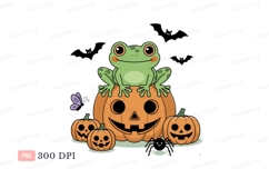 Green frog on jack o lantern with pumpkins orange halloween Product Image 1