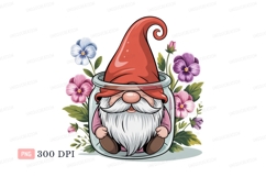 Red capped gnome in glass jar surrounded by pansies Product Image 1