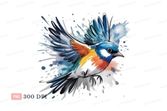 Colorful bird flying watercolor splashes blue Product Image 1