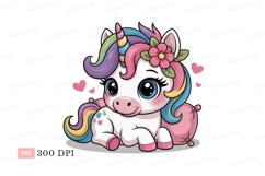 Cute unicorn with rainbow mane and pink flower image Product Image 1