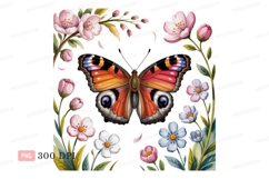 Peacock butterfly surrounded by pink and white flowers Product Image 1