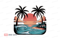 Tropical sunset ocean wave palm trees image Product Image 1
