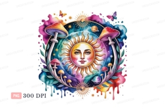 Celestial sun face with mushrooms and butterflies image Product Image 1