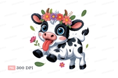 Black white cow wearing flower crown calf spots Product Image 1