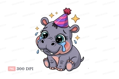 Sad hippo wearing party hat crying Product Image 1