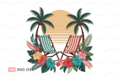 Tropical beach chairs sunset foliage palm Product Image 1