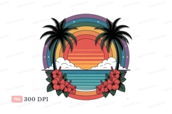 Tropical sunset ocean palms hibiscus image Product Image 1