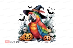 Colorful parrot wearing witch hat surrounded by Halloween de Product Image 1