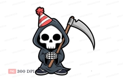 Grim reaper wearing party hat holding scythe skull Product Image 1