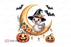 Cute duck witch on crescent moon with pumpkins image Product Image 1