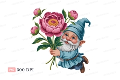 Cheerful gnome holding pink peonies flowers blue Product Image 1