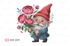 Cheerful gnome holding pink peonies flowers bouquet Product Image 1