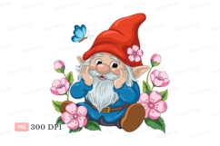 Gnome surrounded by pink blossoms and blue butterfly Product Image 1