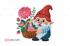 Cheerful gnome holding basket of pink flowers image Product Image 1