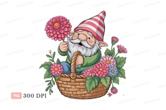 Happy gnome holding pink flower basket green Product Image 1