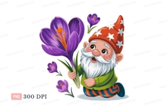 Gnome holding purple crocus flowers spring Product Image 1