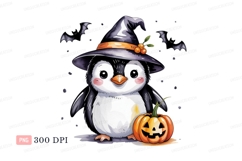 Penguin witch with pumpkin and bats image Product Image 1