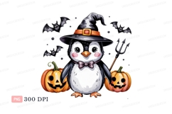 Cute penguin witch with pumpkins and bats image Product Image 1