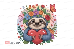 Adorable sloth holding heart surrounded by flowers Product Image 1