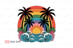 Tropical palm trees ocean waves rainbow image Product Image 1