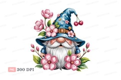 Blue hat gnome pink flowers cherries image Product Image 1