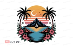 Tropical island sunset scene with sailboat ocean mountain Product Image 1
